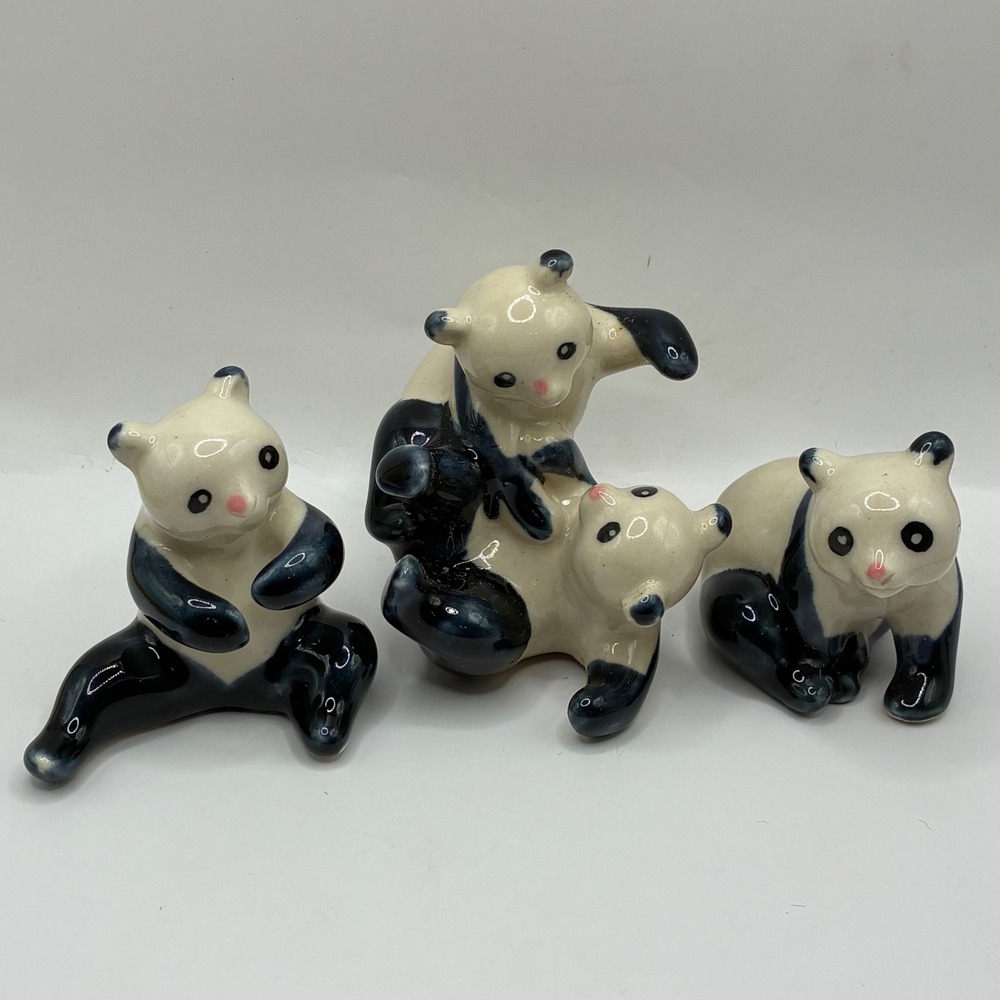 Vintage Ceramic Panda Bear Figurines Set of 3 Black White Glossy Decor